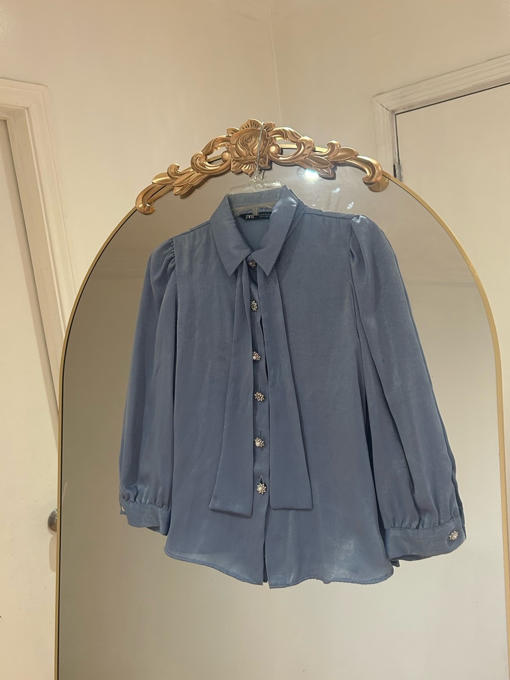 Zara Satin Blue Tie-Neck Blouse with Crystal Buttons, Size M